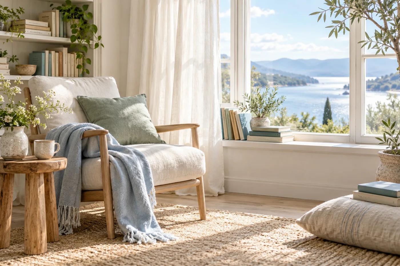A quiet reading chair by a sunlit window with books and soft linen