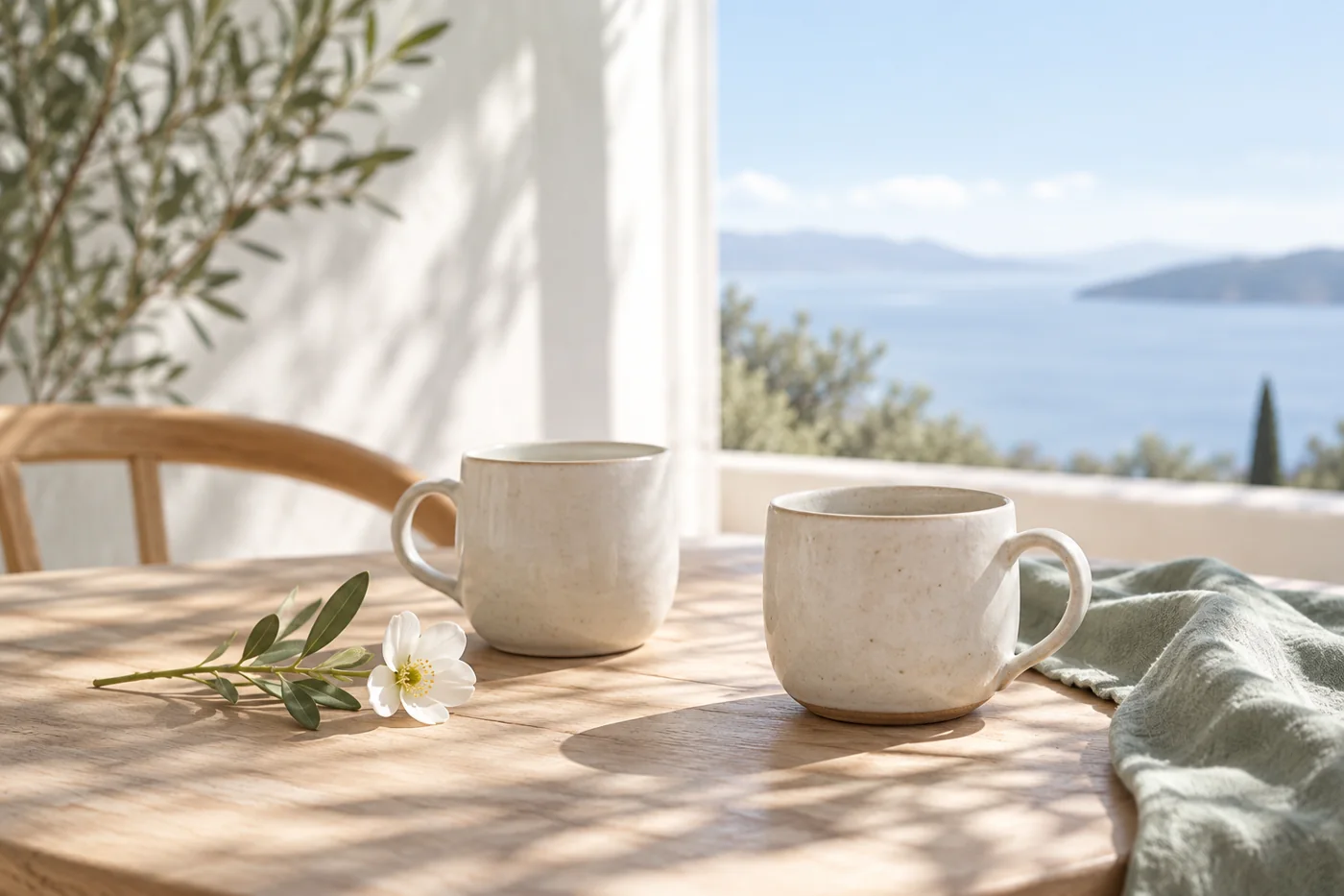 Two simple ceramic cups and a small white flower on a table