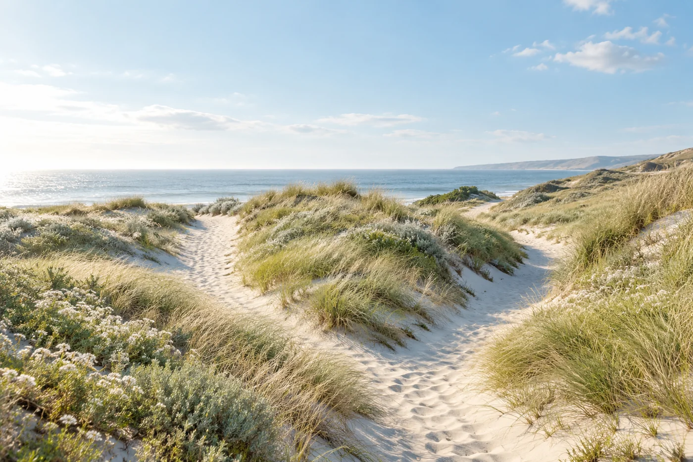 Two trails gently winding through pale sunlit dunes