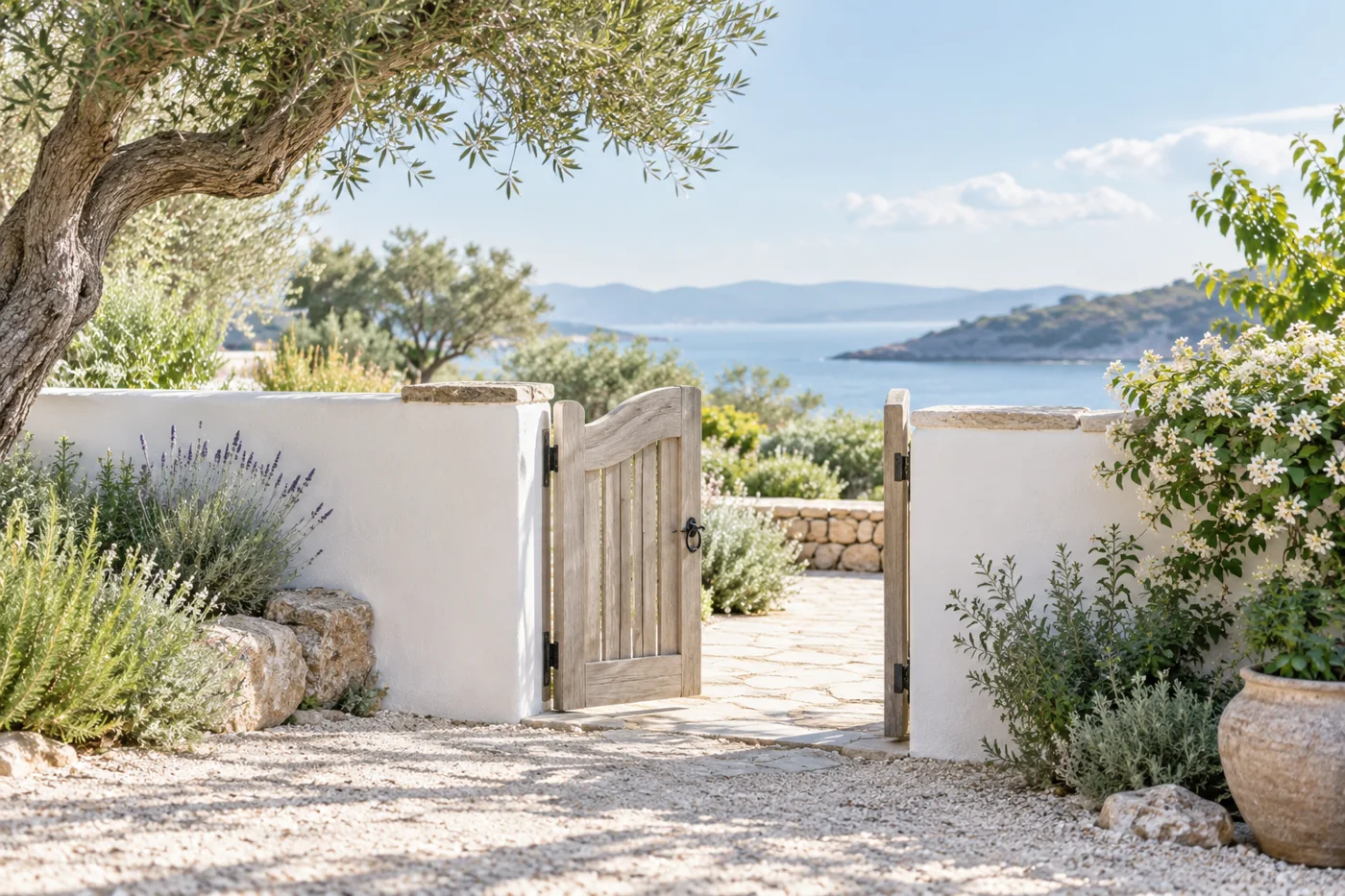 A low white garden wall with a small welcoming gate