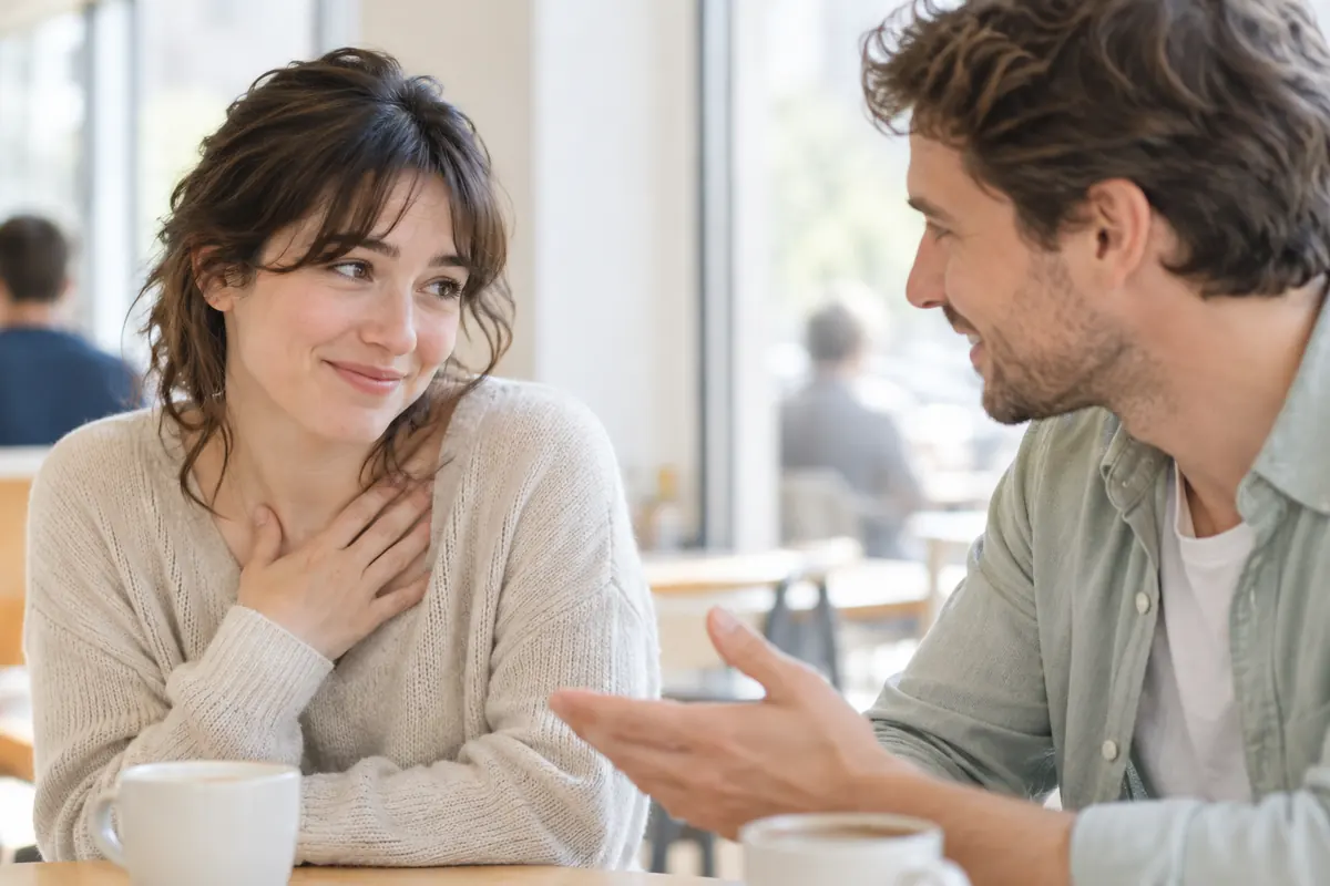 Woman smiling shyly during a warm conversation at a cafe