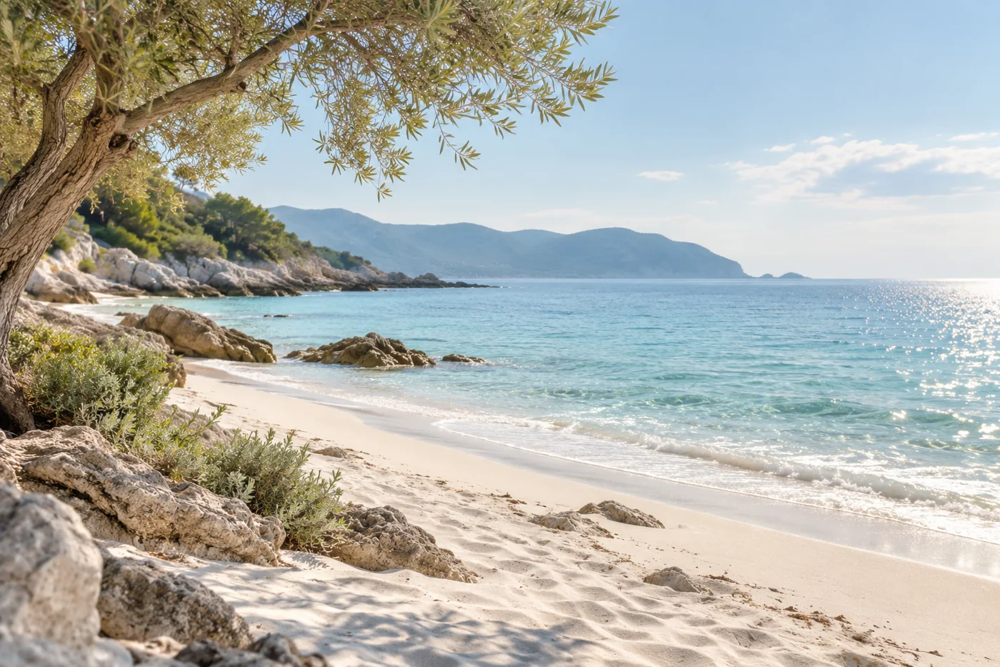A quiet secluded beach with pale sand and clear morning light