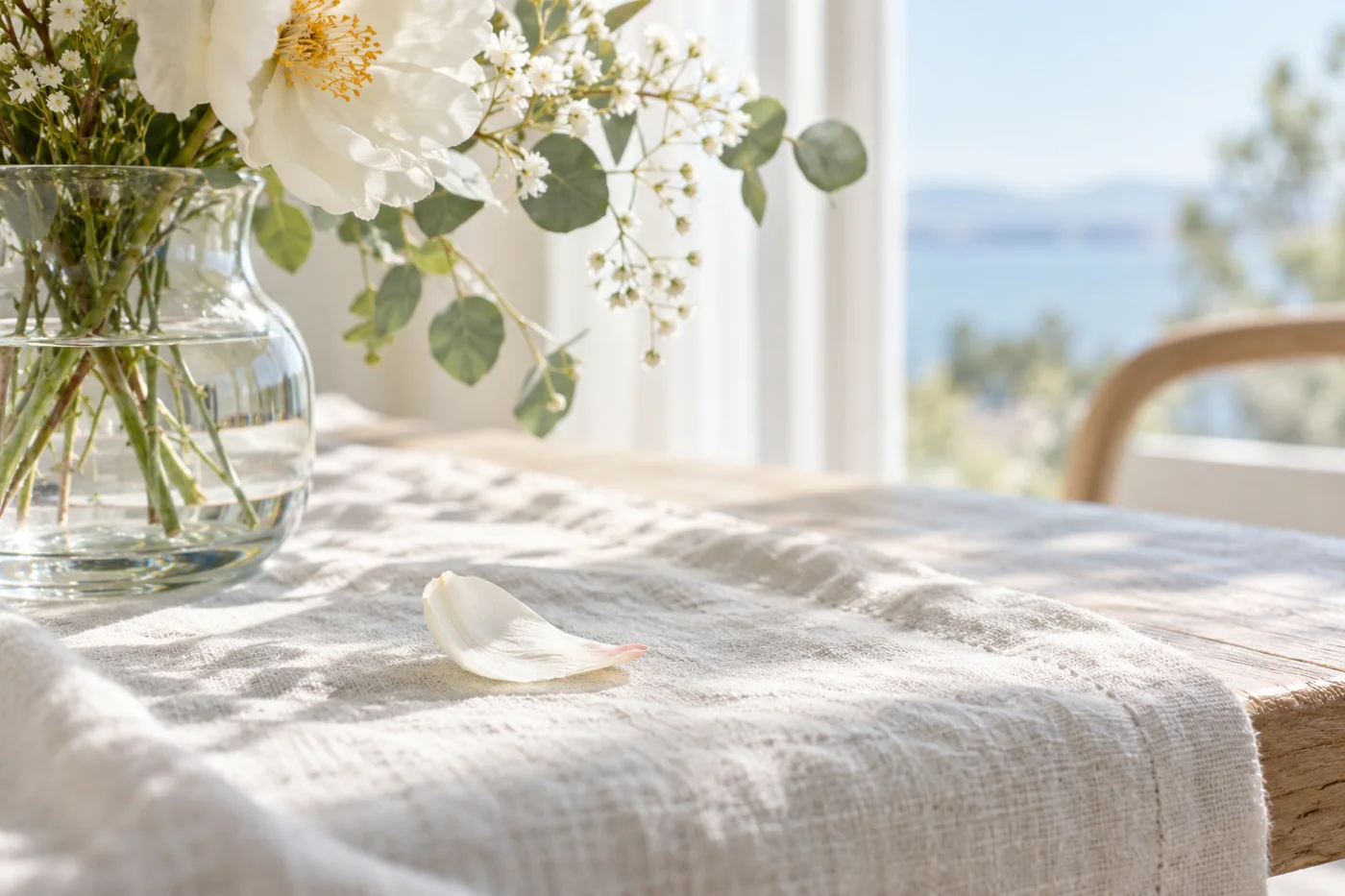 A fallen flower petal on pale linen next to a glass vase