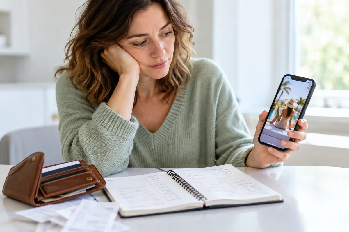 Woman comparing her everyday finances with a vacation photo on her phone
