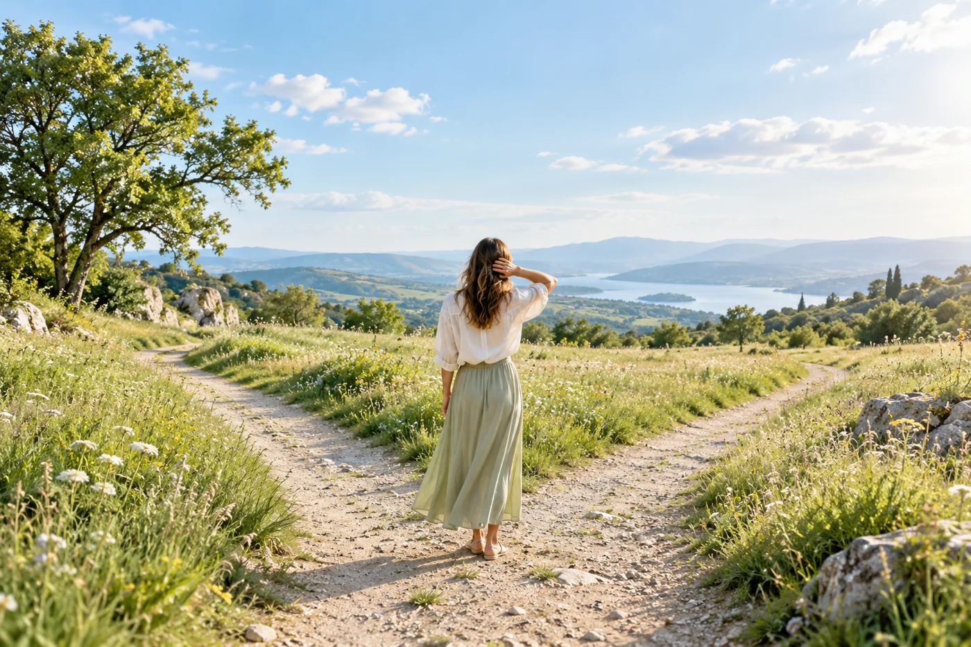 A forked path through a green meadow under a bright sky