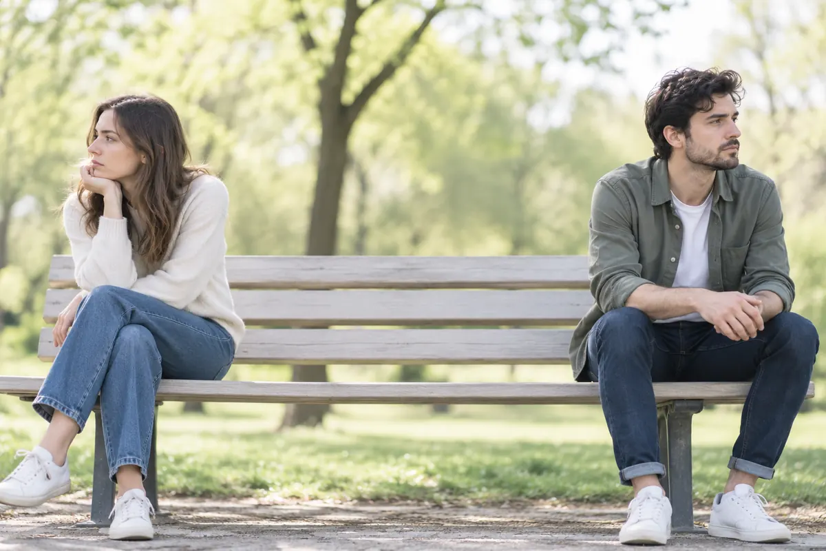 Two people sitting far apart on a park bench, looking away