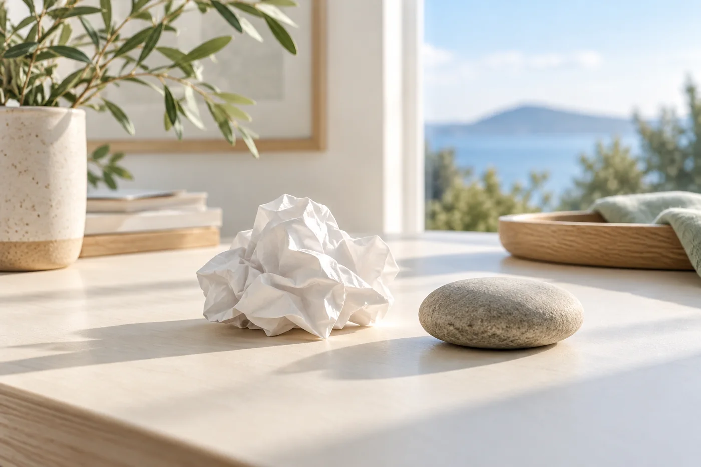 A crumpled blank note next to a smooth stone on a cream desk