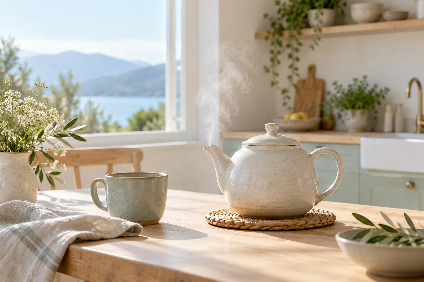 A teapot gently steaming in a quiet light kitchen