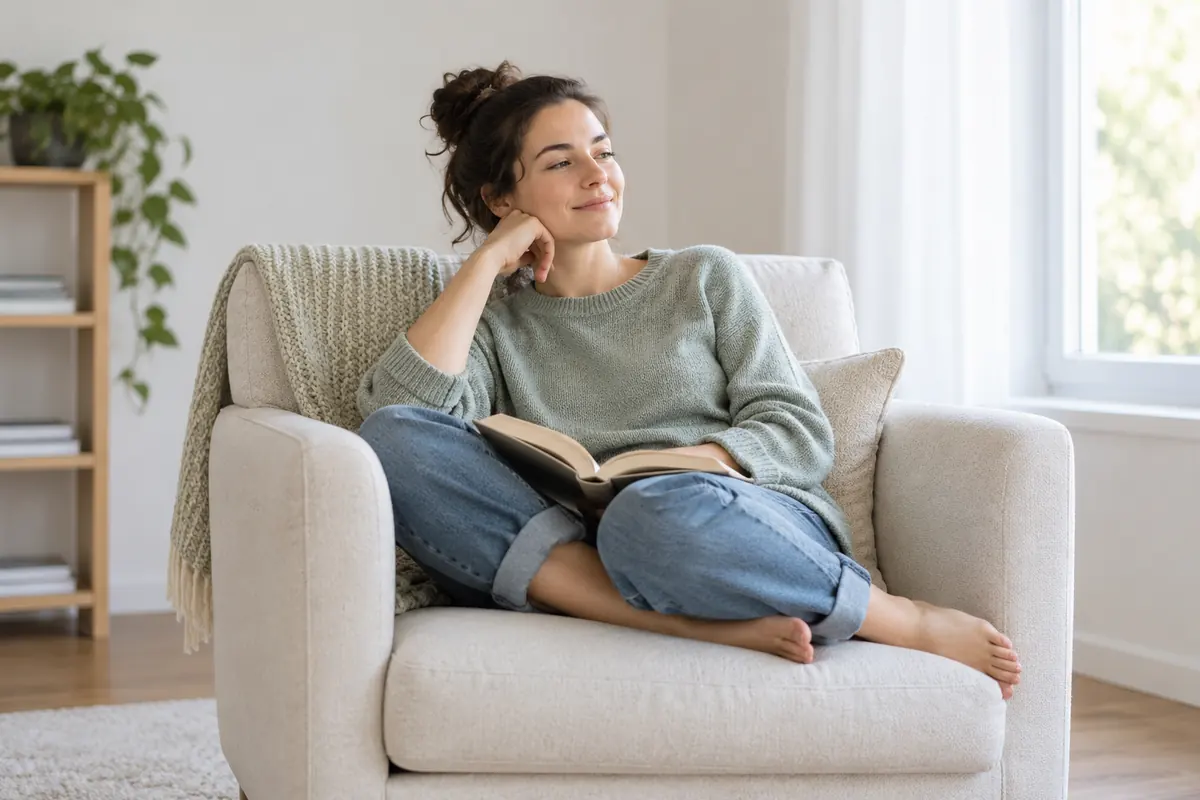 Woman enjoying a quiet moment alone with a book in a sunlit chair