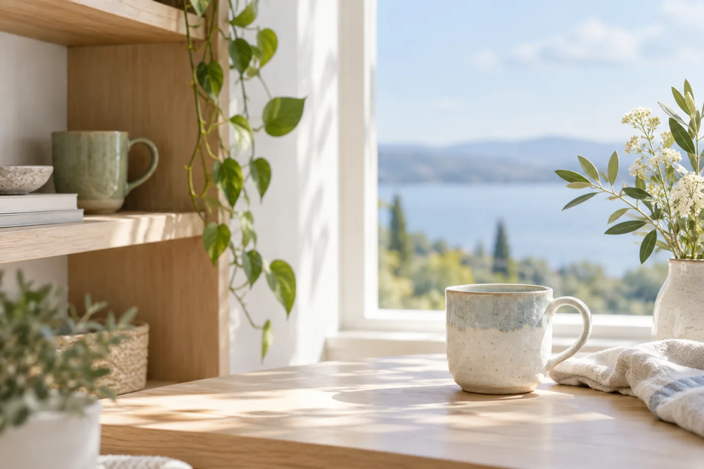 Two cups, one put away on a shelf, one by a bright window