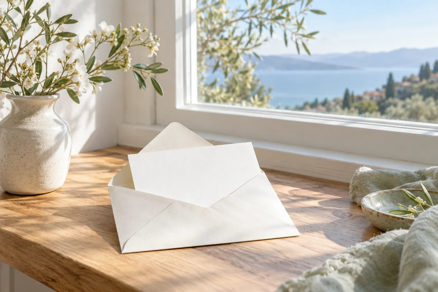 A handwritten blank letter in an open envelope beside a window