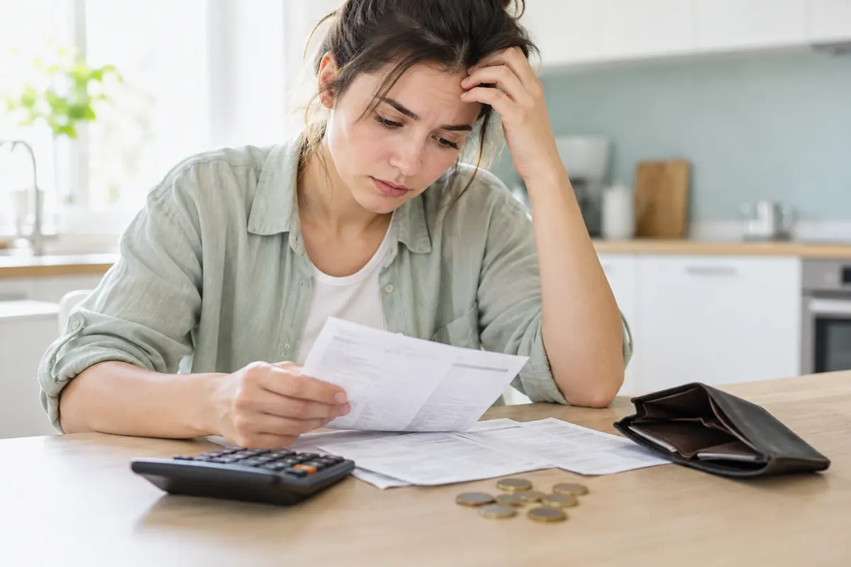 Woman reviewing household finances with a notebook and euro banknotes