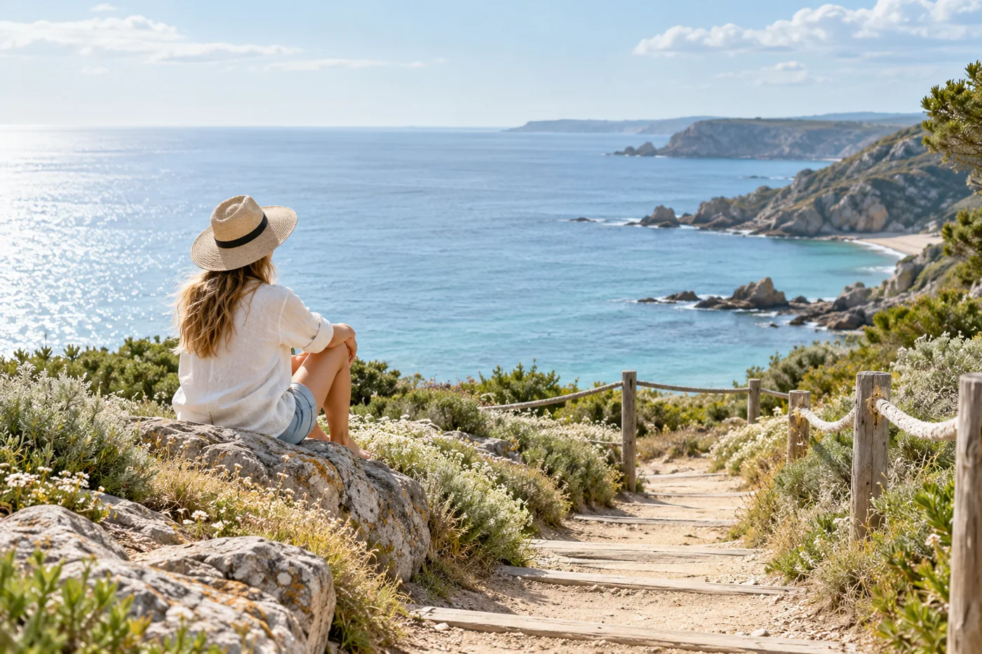 A coastal footpath opening toward a pale blue sea in gentle sunlight