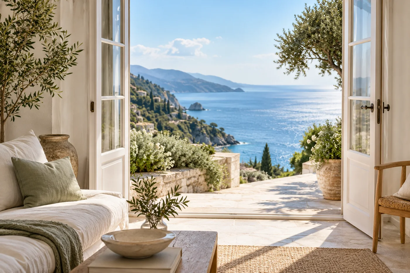 Open white balcony doors overlooking a calm blue sea and sunlit coastal path