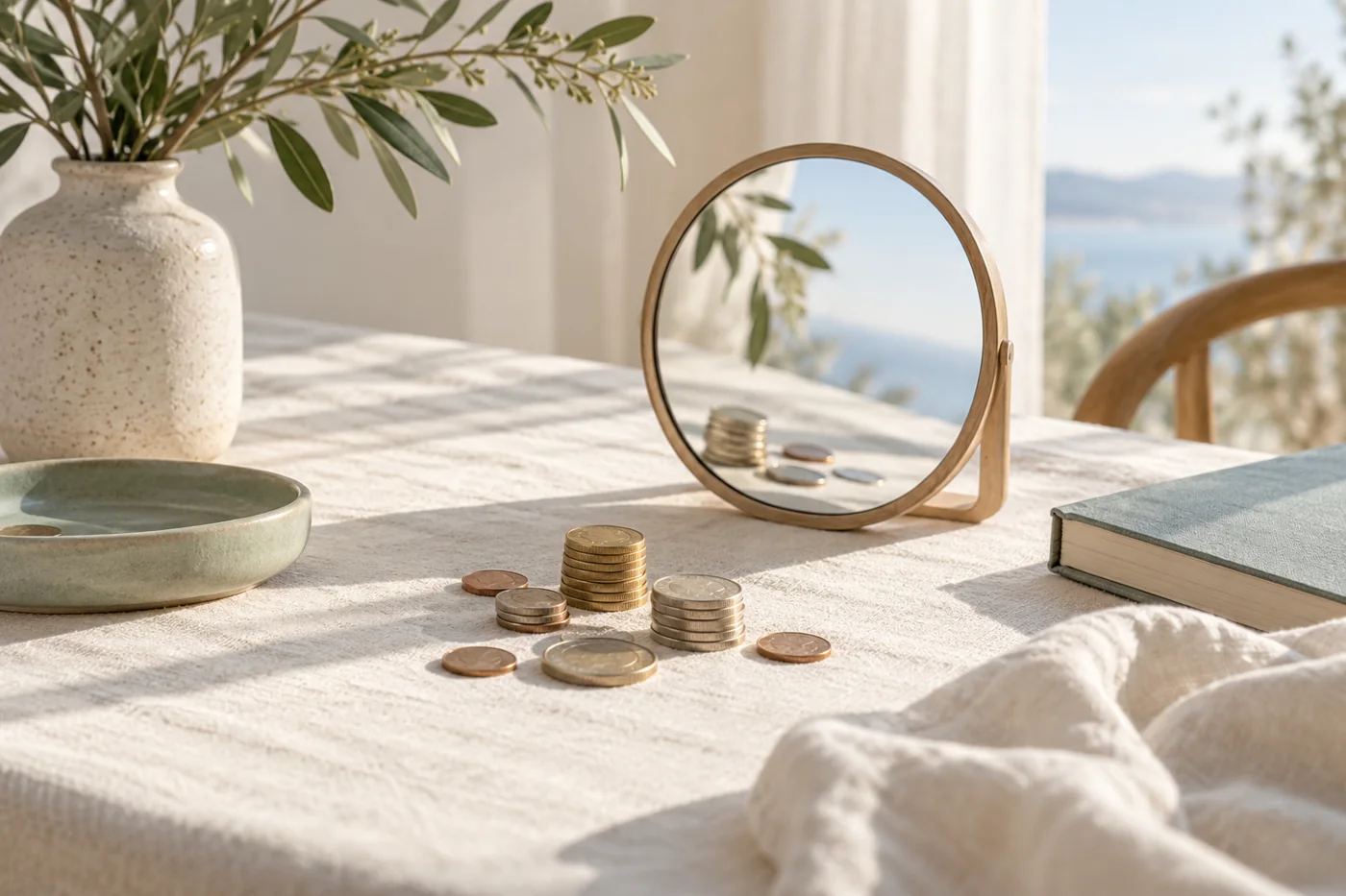 Coins casting gentle shadows next to a small mirror on ivory linen