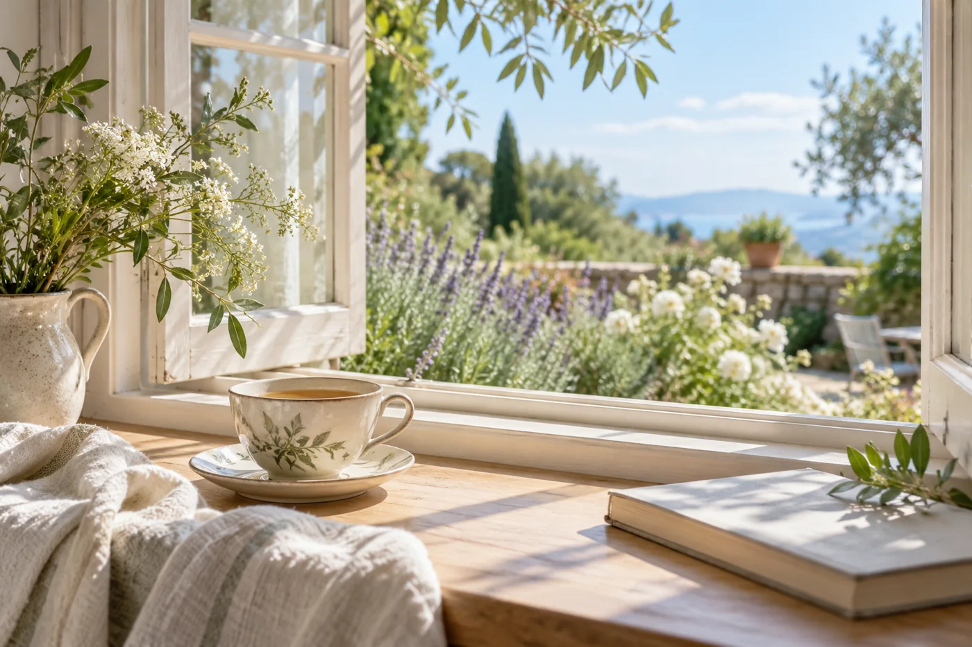 A cup of tea by an open window overlooking a sunny garden
