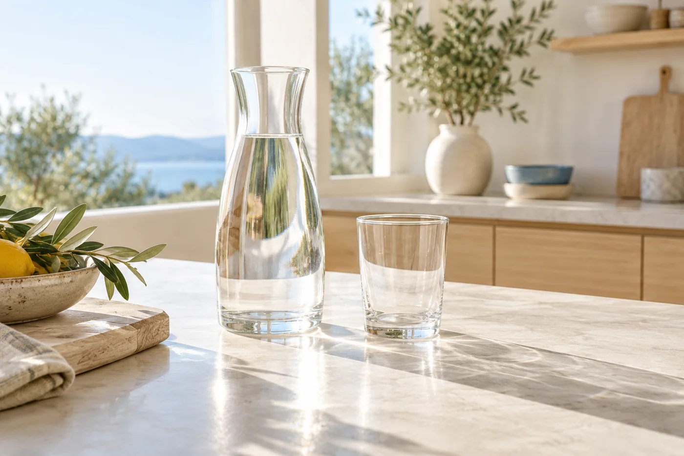 An almost full glass carafe and an empty glass in a bright minimalist kitchen