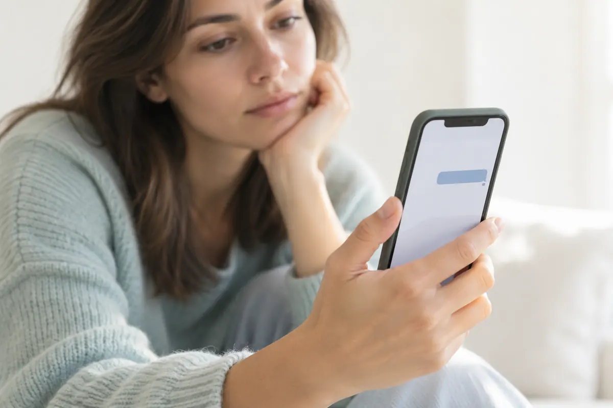 Woman thoughtfully checking a quiet message conversation on her phone