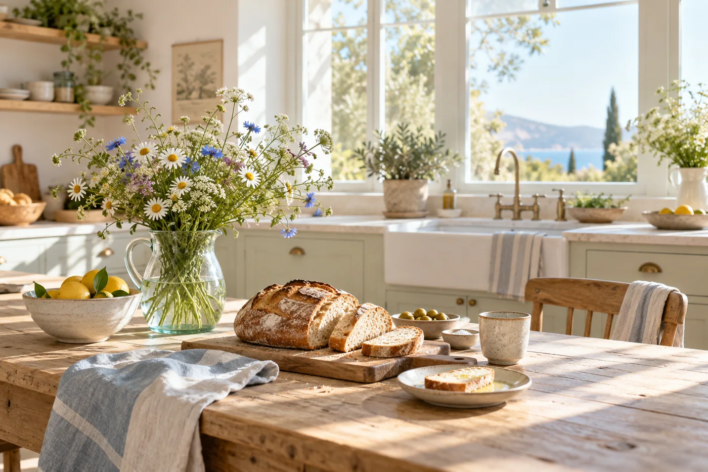 A modest sunny kitchen with fresh bread and wildflowers