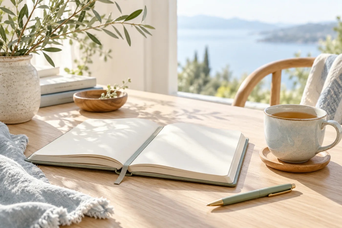 An open planner with blank pages beside an unhurried cup of tea