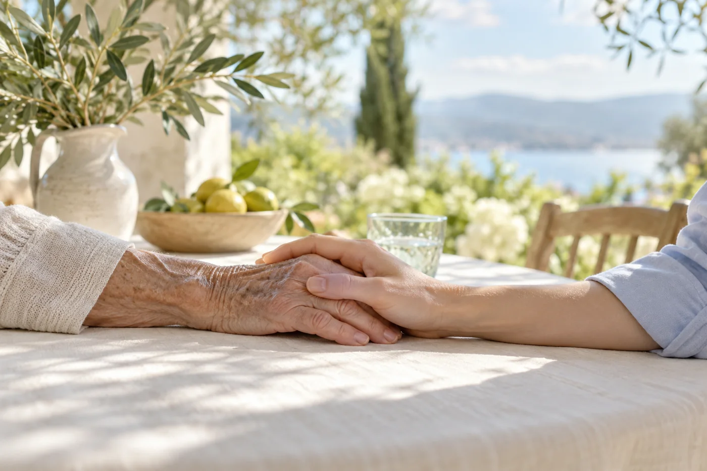Older and younger adult hands resting together on a cream garden table