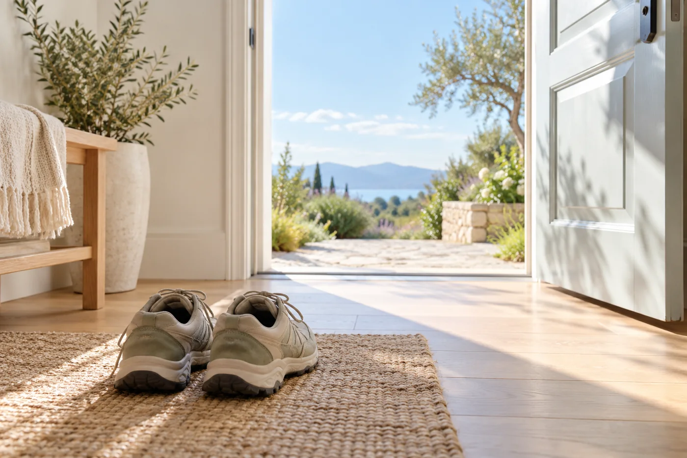A pair of walking shoes pointing toward a sunny open doorway