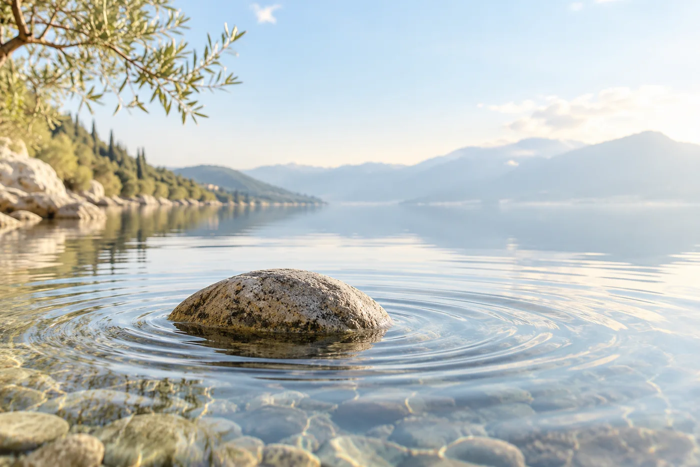 Calm water around a single stone with delicate ripples
