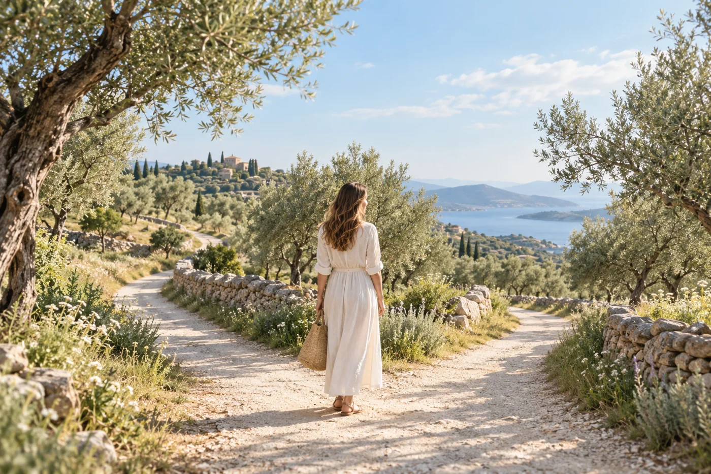 A branching path through a sunlit olive grove