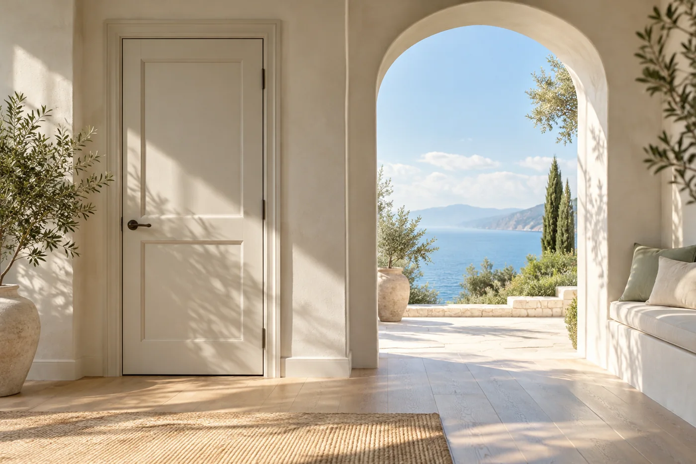 A closed light door next to a sunlit open archway