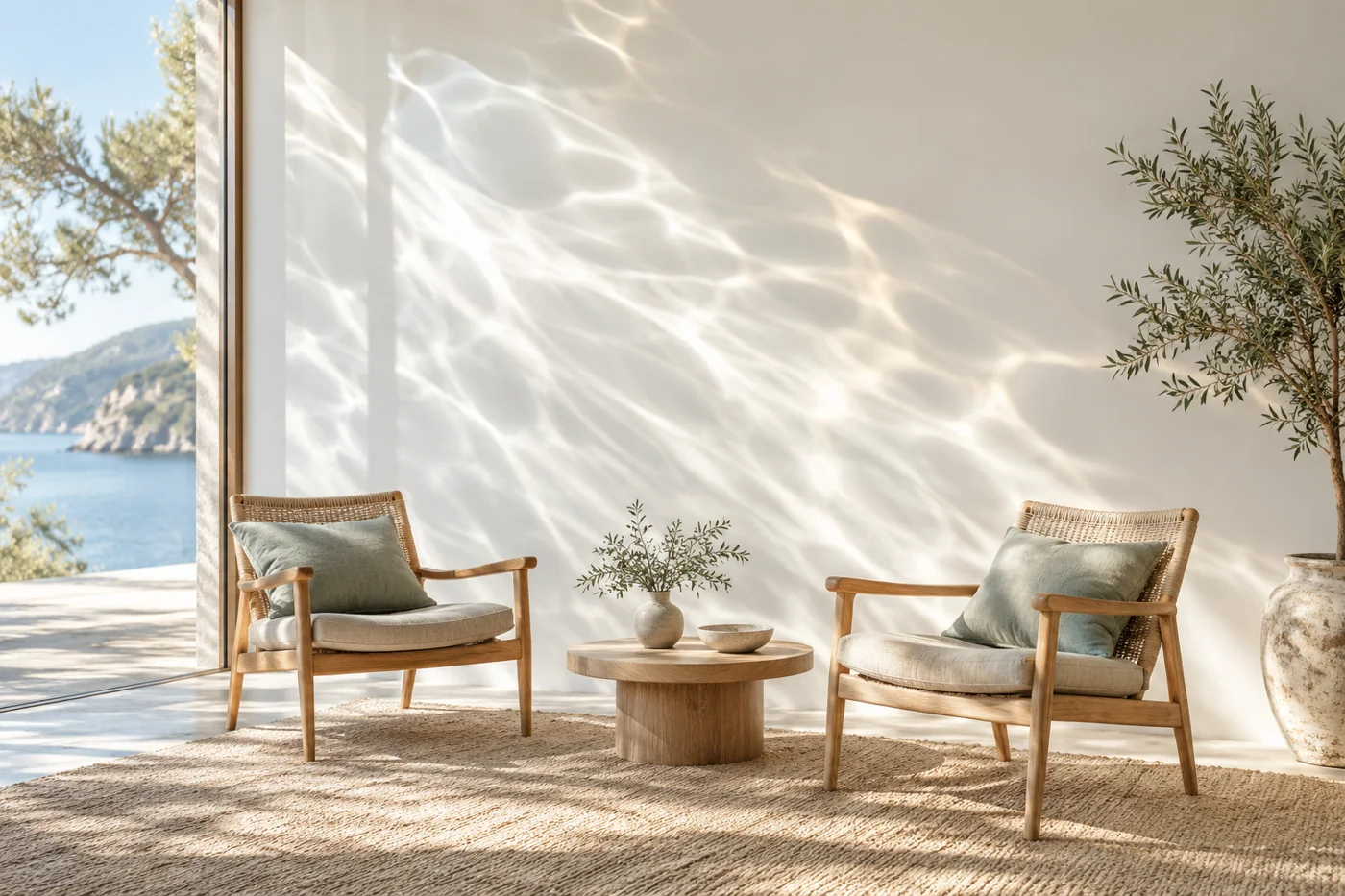 Curving reflections of sunlight on a white wall above two empty chairs
