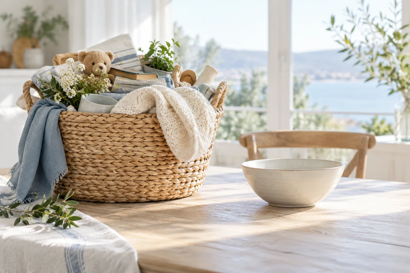 An overfilled basket beside a single empty bowl on a light table
