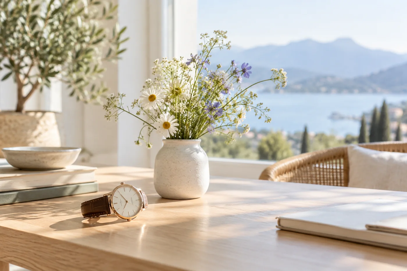 An elegant watch set aside beside a simple wildflower vase on a bright desk