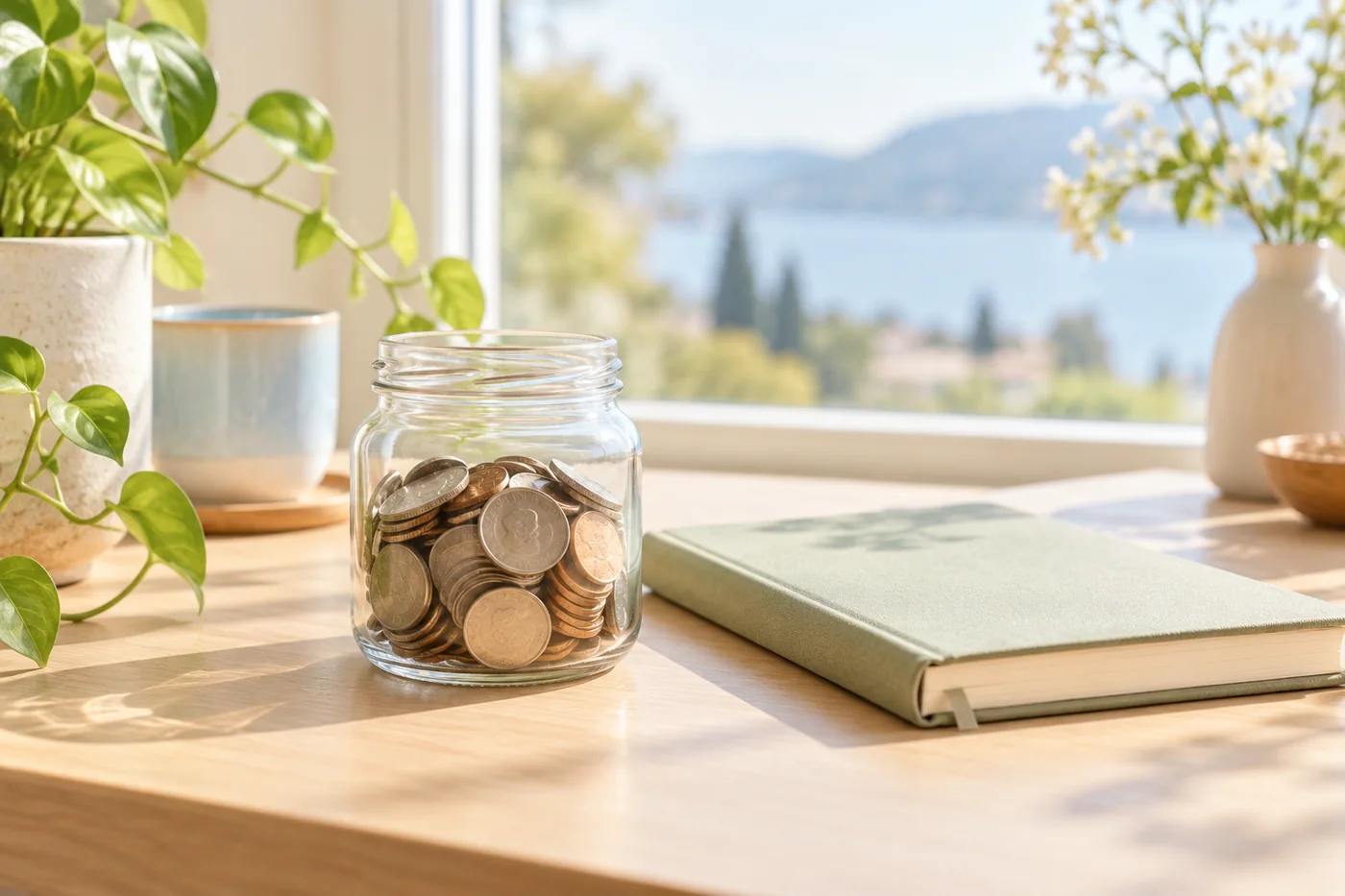 A small glass savings jar beside a closed notebook in warm daylight