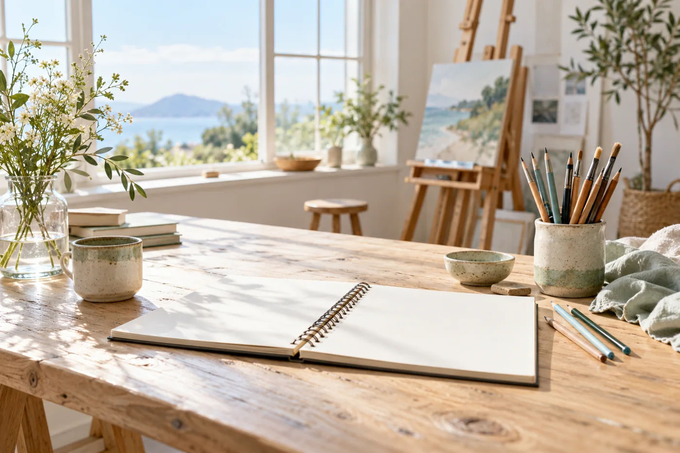 A blank sketchbook and pencils in a bright artist studio