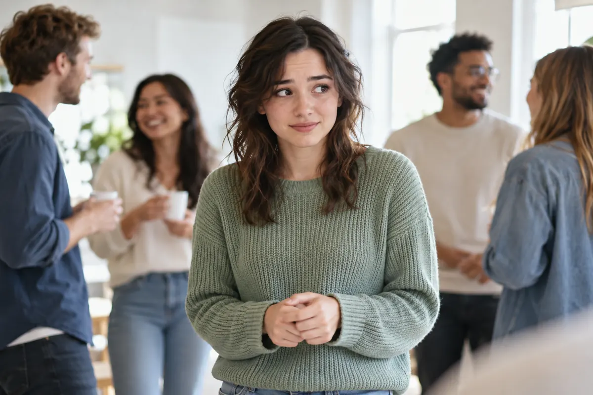 Woman feeling socially overwhelmed while other people chat around her