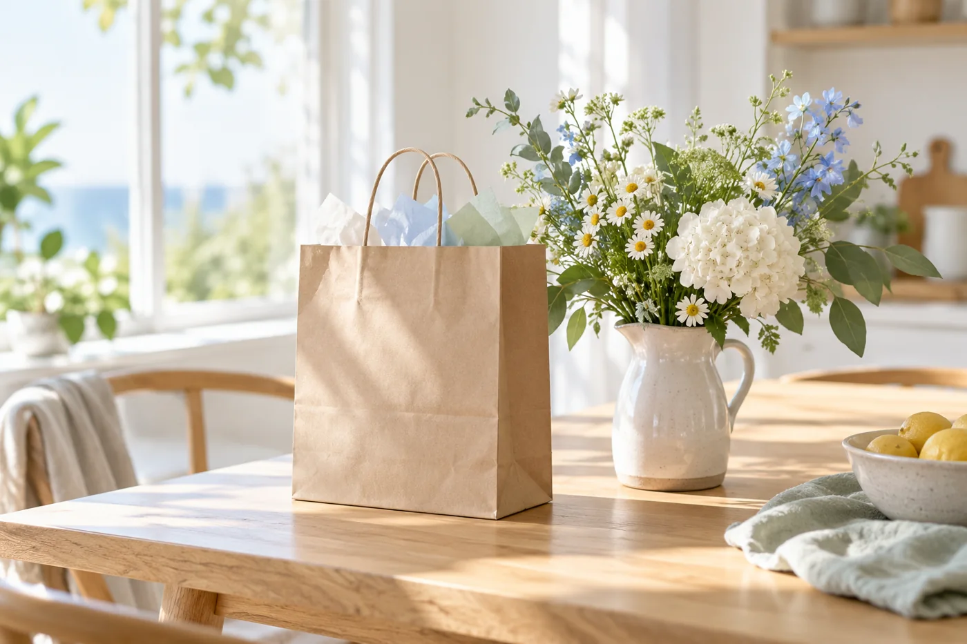 A simple paper shopping bag beside flowers on a bright kitchen table