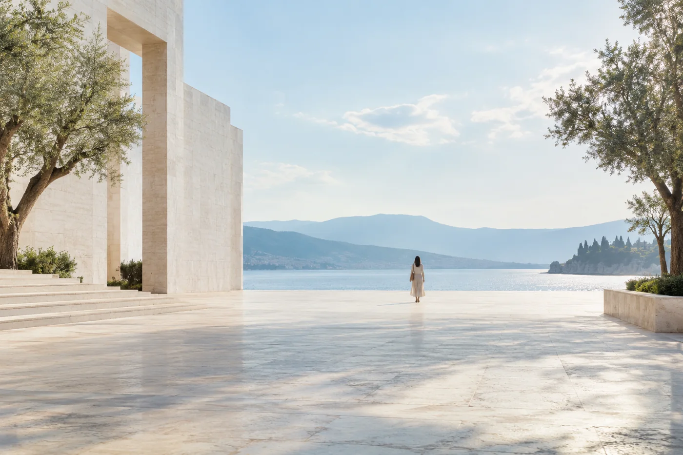 A lone distant person walking through a spacious bright plaza