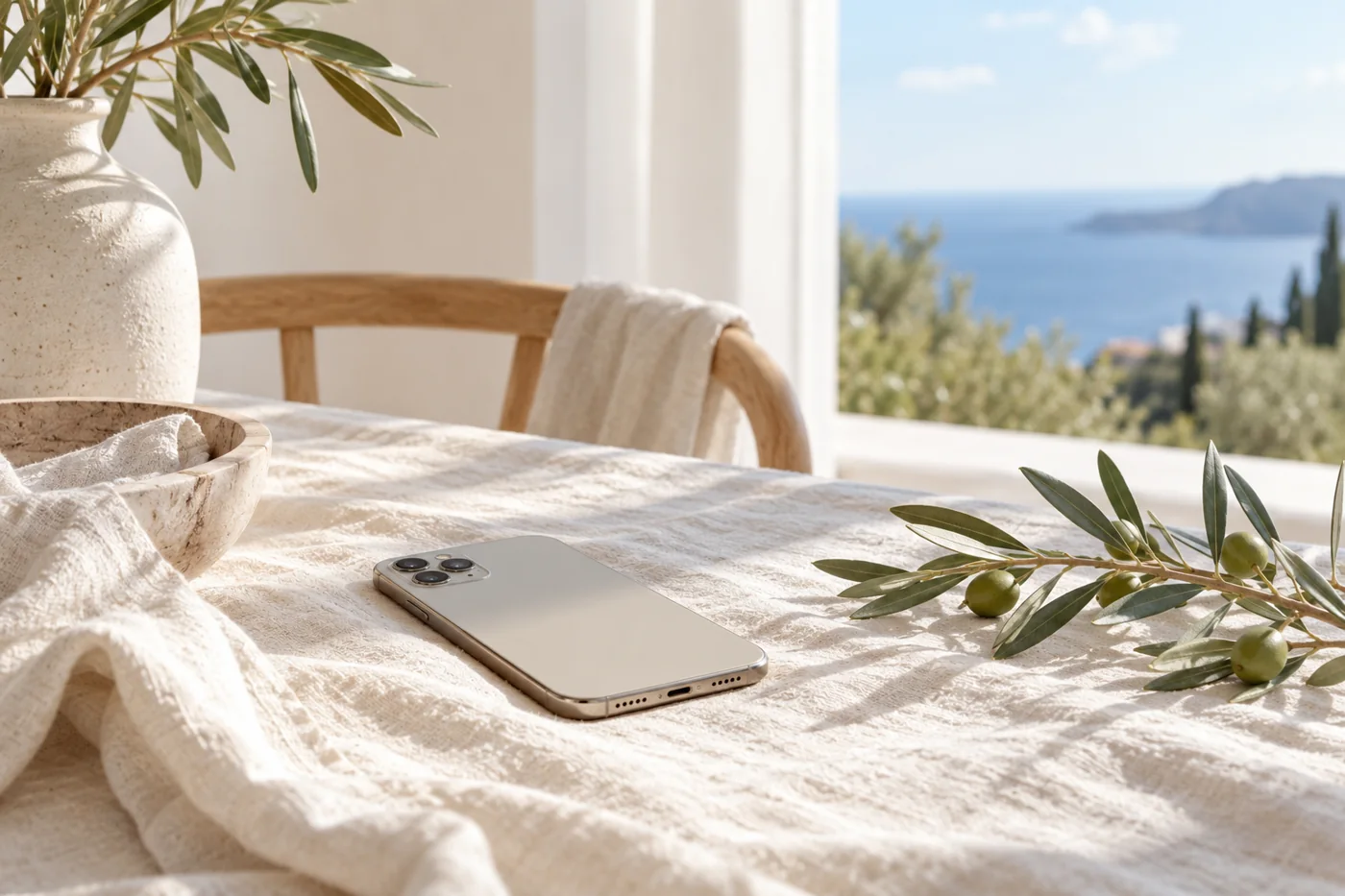 A smartphone face down on cream linen beside a sprig of olive