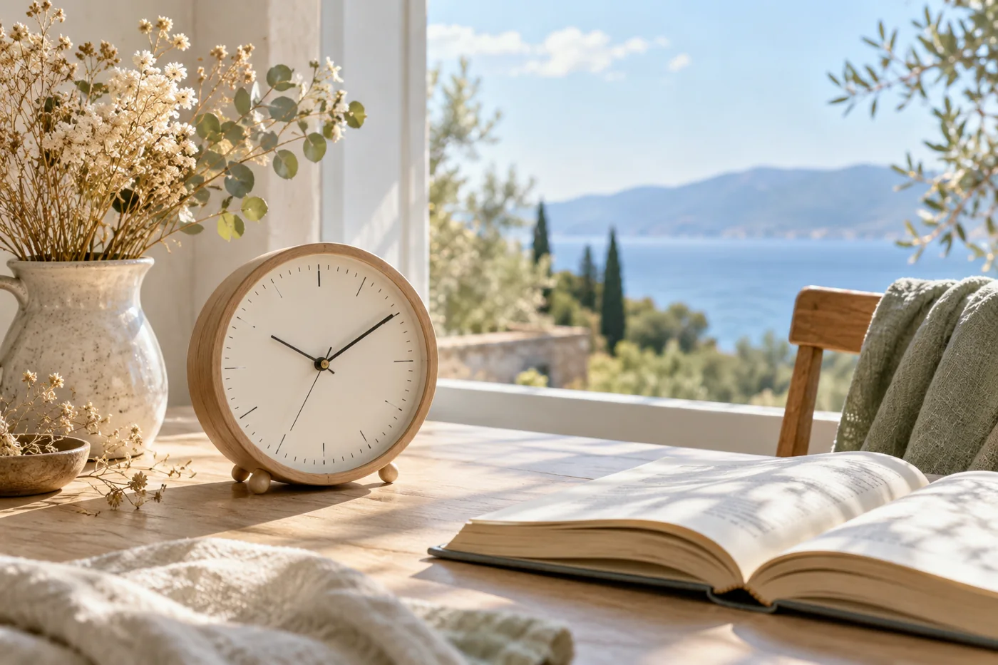 A sunlit analog clock without brand beside dried flowers and an open book
