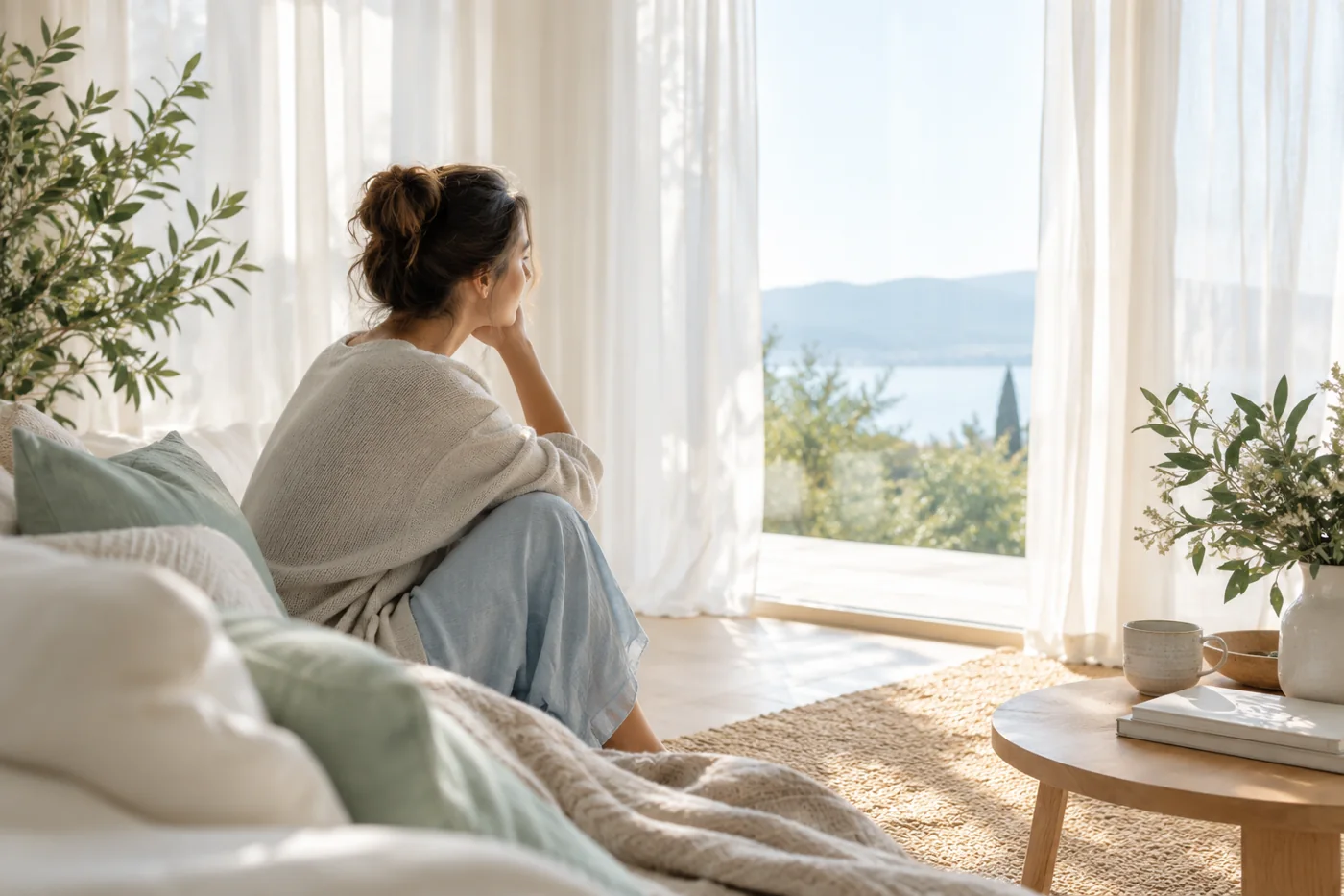 Soft sheer curtains gently filtering daylight in a peaceful room