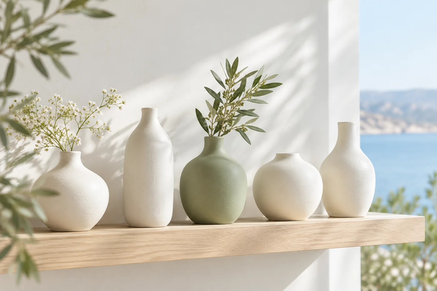 A row of white ceramic vases and one sage green vase on a pale wooden shelf