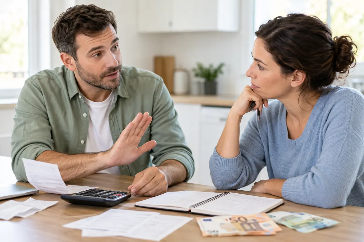 Two people discussing financial choices across a table