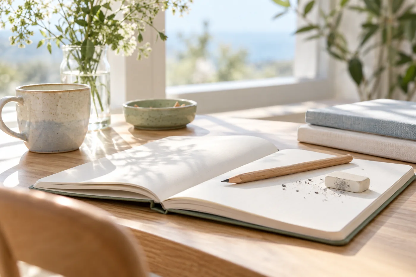A pencil and open notebook on a sunlit workspace, gentle eraser marks